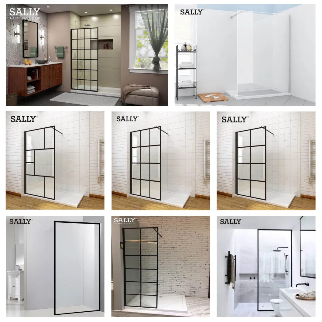 Walk-in Wet-Room Screen Matt-Black Grid Framed 8mm Glass Shower Door